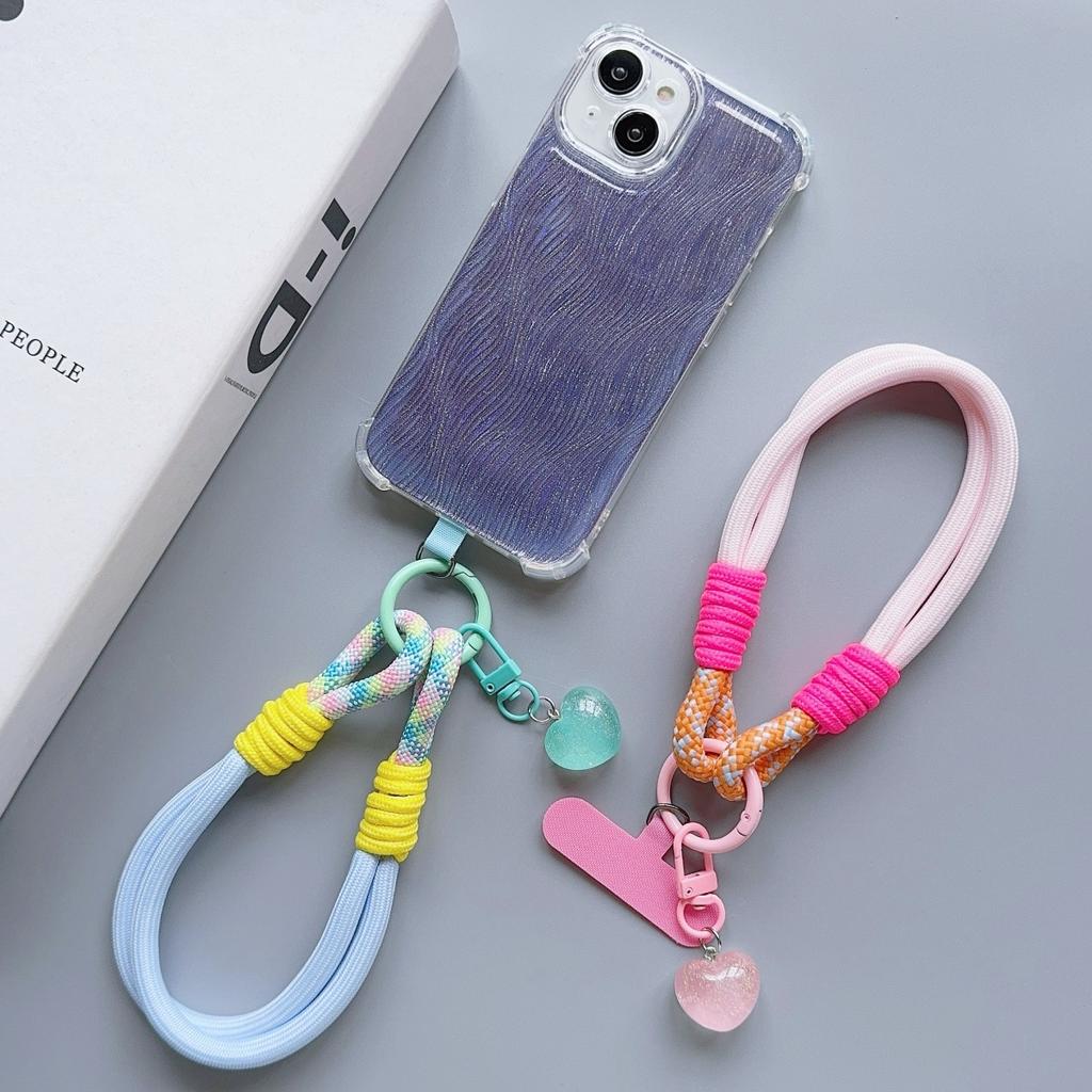 Universal Braided Mobile Phone Lanyard Strap Love Pendant Chain Ring Cord with Patch Wrist Strap Cell Phone Detachable