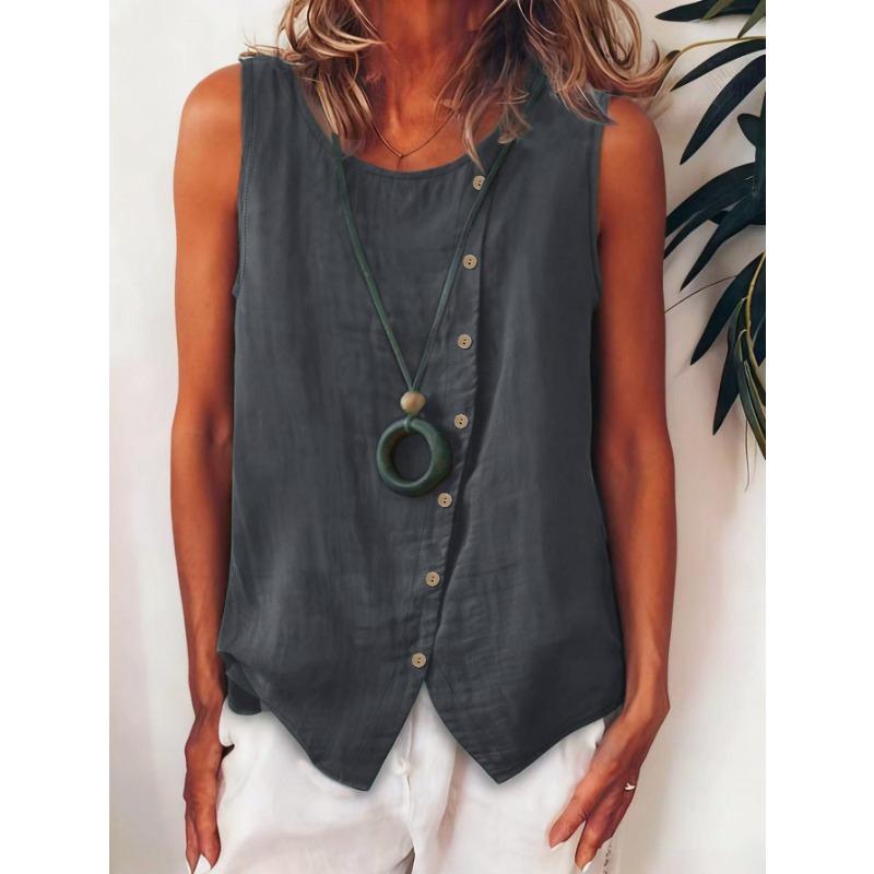 Damen Boho Locker Übergröße Diagonal Knopf Ärmellos Hemd Tanktop
