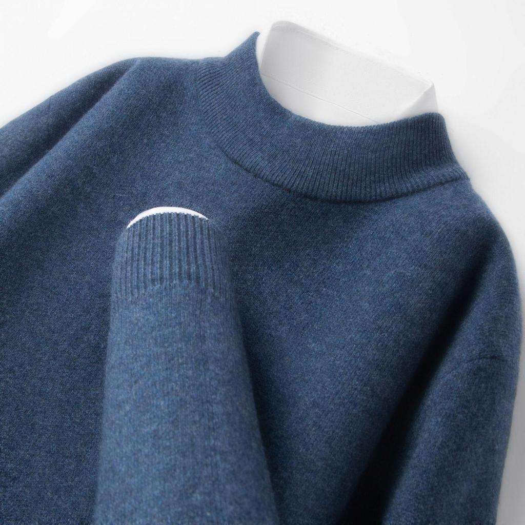 Men's 520g Semi-Worsted Wool Sweater - Autumn/Winter Thick 100% Sheepswool, Semi-High Collar, Four-Thread