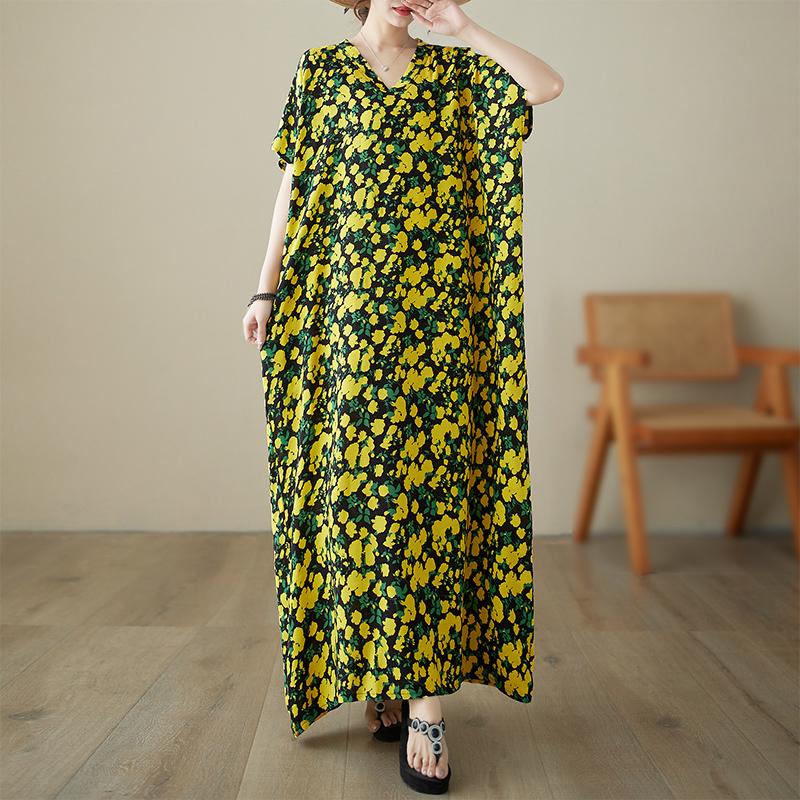 

DIMANAF 2024 плюс размер летнее пляжное длинное платье женское с v-образным вырезом и цветочным принтом праздничное модное повседневное свободное платье с короткими рукавами 678 One Size