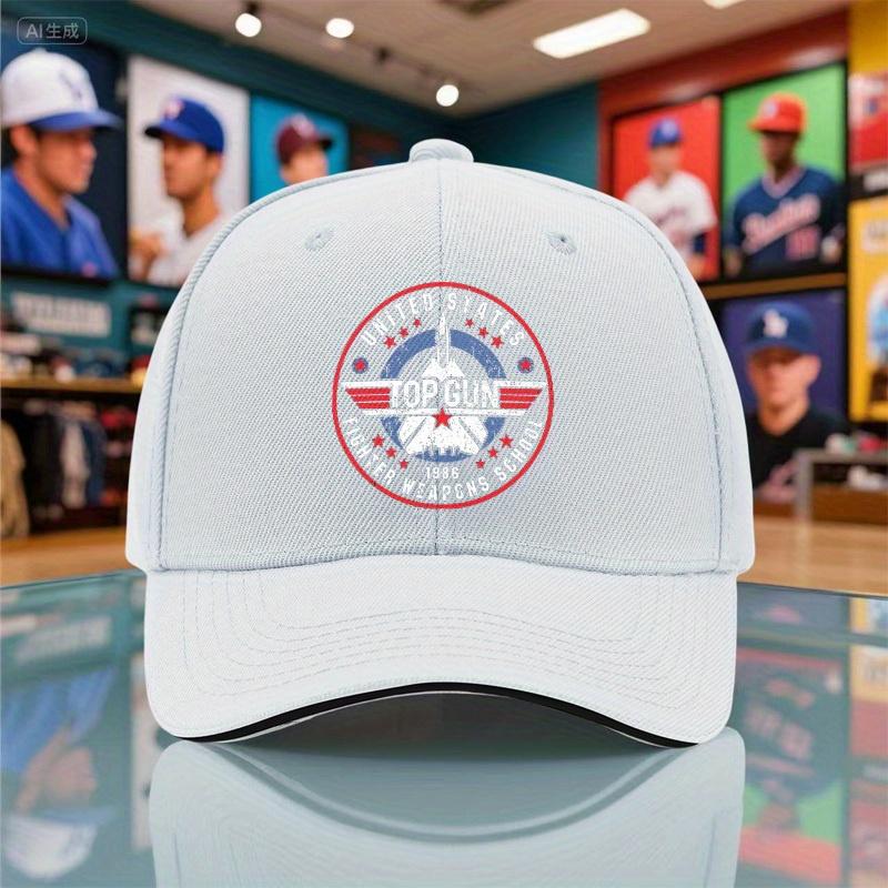 1Pc Of New Summer And Autumn Adjustable Vintage Baseball Cap For Couples, Featuring A Top Gun Pilot Print. This Breathable Black