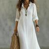Rochie Maxi de Damă cu Volane, Decolteu în V, Mânecă Trei Sferturi Rulabilă, Broderie Florală, Aspect de In Larg