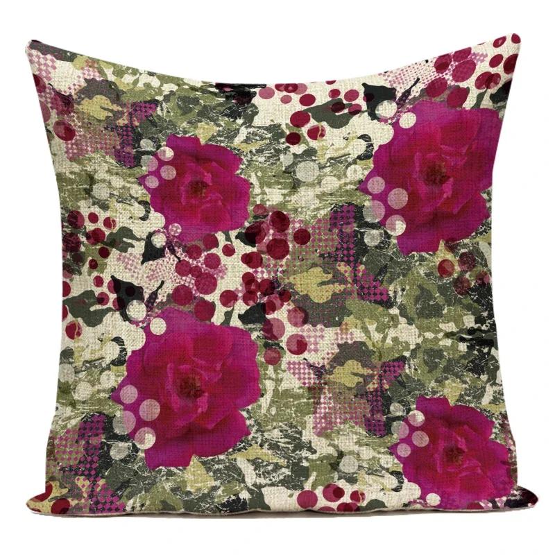 Polyester Decorative Throw Pillows Case Red Rose Purple Lavender Pillow Cover Flower Cushion Cover For Sofa Home Living Room