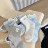 Blue-gray AB Style Rolled-edge Buttonless Pile Socks, Spring-autumn Cute Fabric Label Teddy Bear Mid-calf Socks