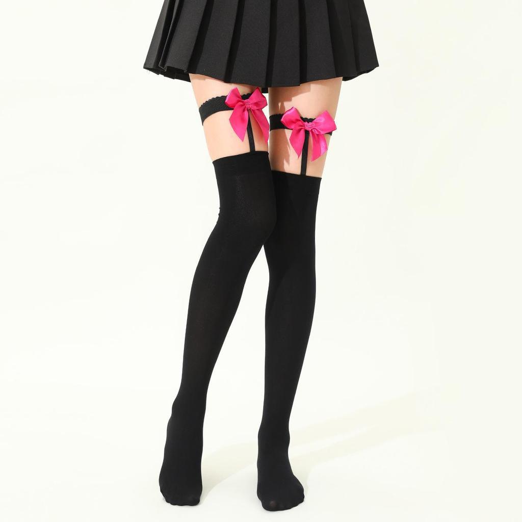 "Spring/Autumn Black Non-Slip Bow Suspender Stockings – Over-the-Knee Sexy Style"