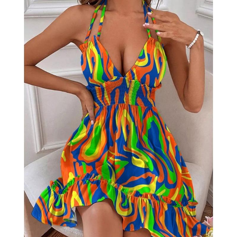 Vestido frente única com decote halter e costas nuas, vestido de festa com babados na cintura, roupas femininas