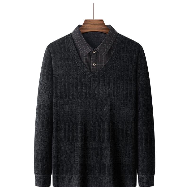 Dad's Winter Warm Chenille Knitwear: Men's Fleece-Lined Two-Piece Sweater with Thick Shirt Collar for Autumn/Winter.