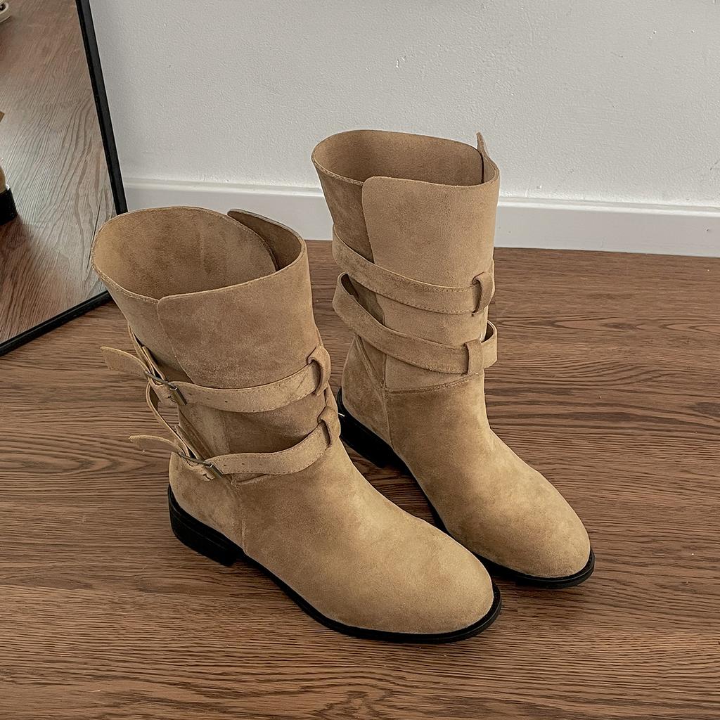 Queen Fan Khaki retro thick heel medium boots children's 2025 new autumn with skirt slim western boots