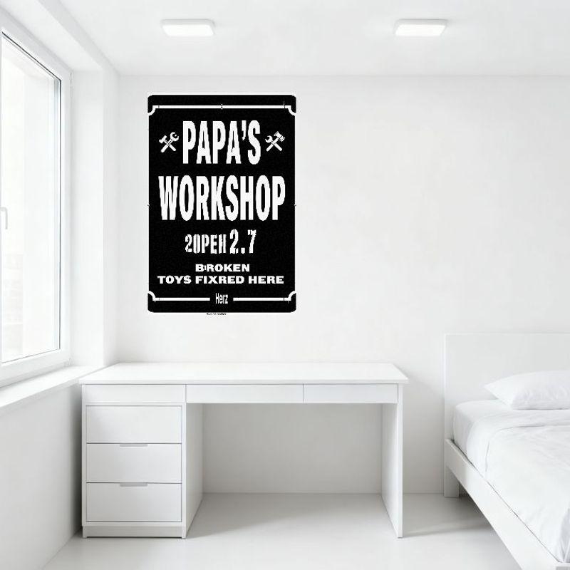 Vintage Papa's Workshop Metal Tin Sign with Wrench & Axe Icons, 'OPEN 2.7' & 'BROKEN TOYS FIXED HERE' Text, Home/Bar Man Cave De