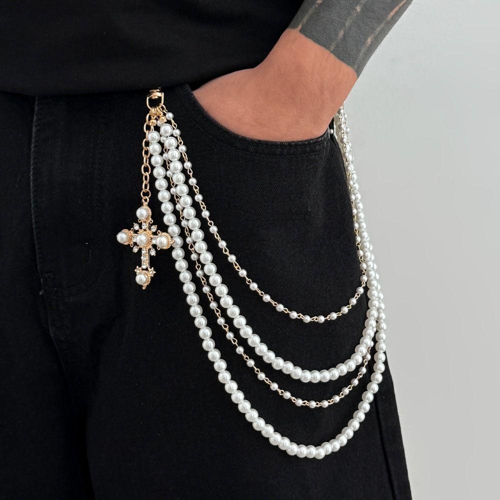 Punk Rock Cross-shaped Pearl Waist Chains Metal Pendant Pant Chain Waist Chain  For Women Man