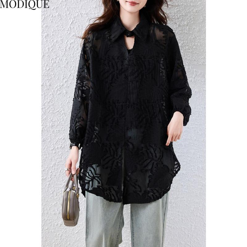 MODIQUE Vår Sommer Pluss Størrelse Ny Dame Løs Vintage Chiffon Prikket Trykk Bluse Skjorter Kvinnelig Casual Oversize Langermet V-Hals Topp Svart