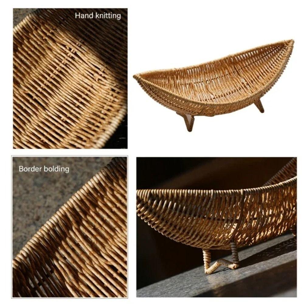 Boat Shape Woven Snacks Serving Tray Handwoven Plastic Braided Fruit Organizer Food