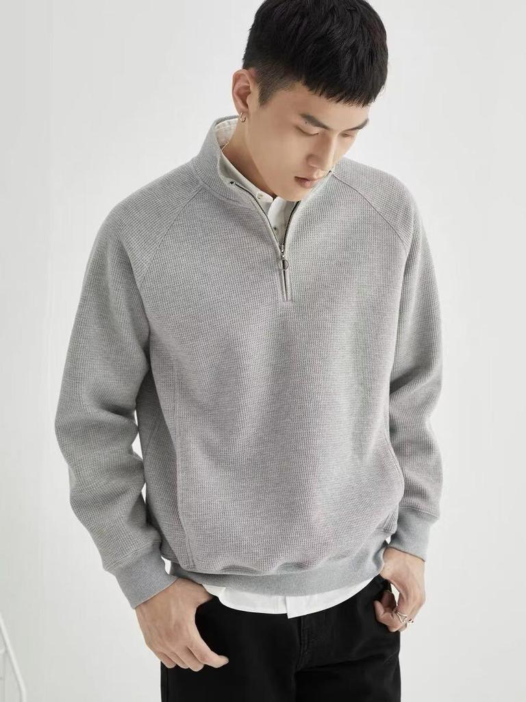 Pull Homme Japonais Rétro Gaufre Laine Demi-Zip 2023, Mode Printemps/Automne.