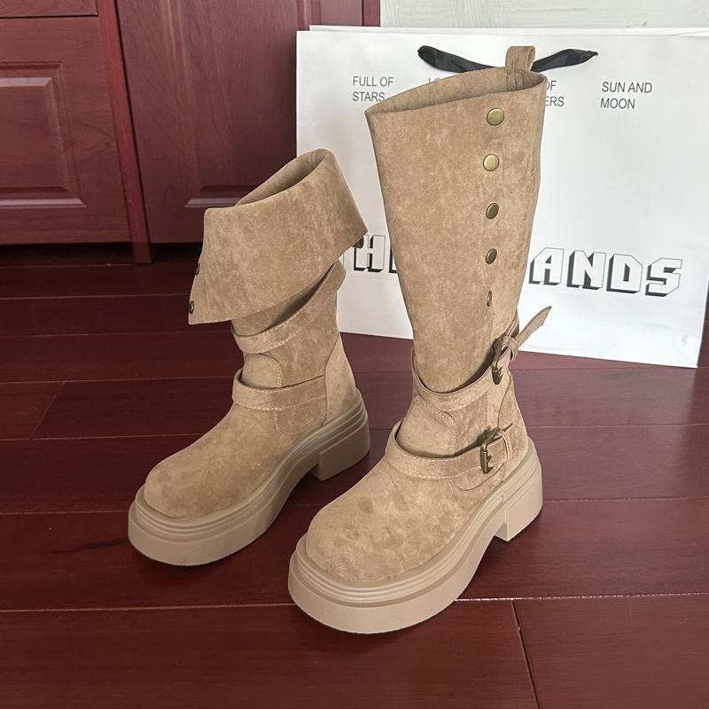 Fashion Street Style Fashion Belt Buckle Knee High Boots Women Platform Heels Shoes Design Elegant Knight Long Boot