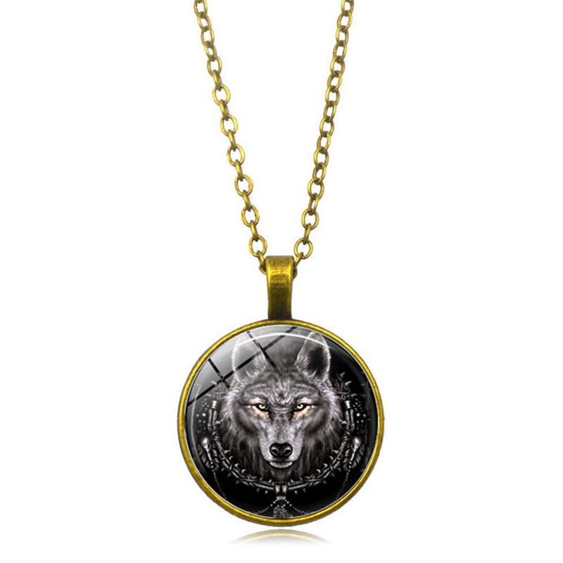 Wolf Head Pendant Necklace Animal Power Norse Viking Amulet Glass Cabochon Jewelry  Necklaces for Men Women