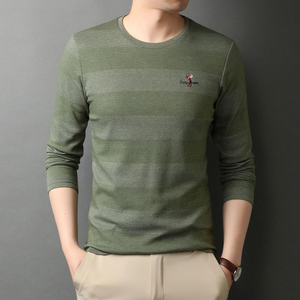 Spring New Embroidered Men's Long-sleeved T-shirt Round Neck Striped Korean Style Fashionable Men's Bottoming Shirt Trendy Tops