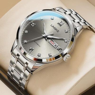 Lingke Men's Luminous Dual Calendar Stainless Steel Automatic Watch