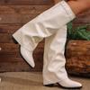 Fashion Fashion Fold Over Knee High Boots for Women Slip On Chunky High Heel Shark Boots Woman Wide Leg PU Leather Long Botas Mujer 2025
