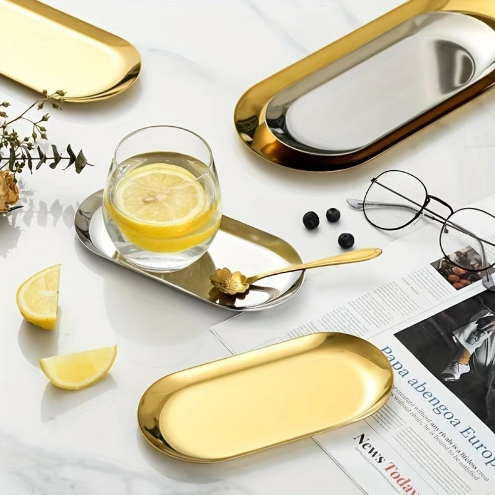 1 peça Bandeja Oval Premium de Aço Inoxidável - Armazenamento Espaçoso para Joias, Essenciais de Banheiro e Dim Sum - Durável, Resistente à Ferrugem e Fácil de Limpar
