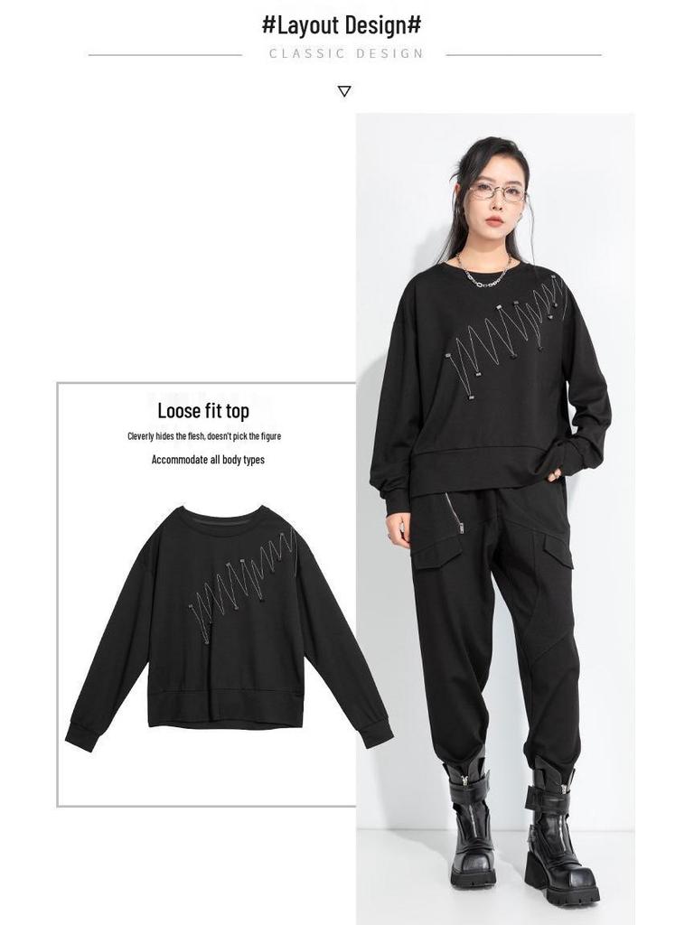 Damen Übergröße T-Shirt im Dark Style mit 3D-Dekoration: Herbst 2025 Koreanischer Lazy Wind Yamamoto-Stil