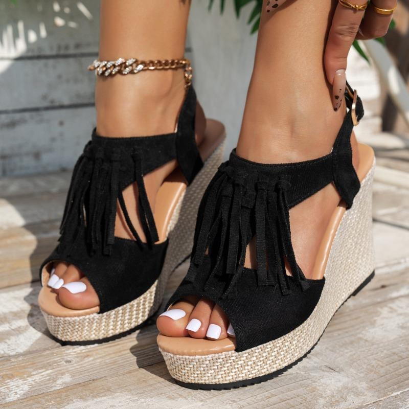 Summer Platform Wedge Fringed Sexy Fish Mouth Bohemian Openwork Sandals for Women