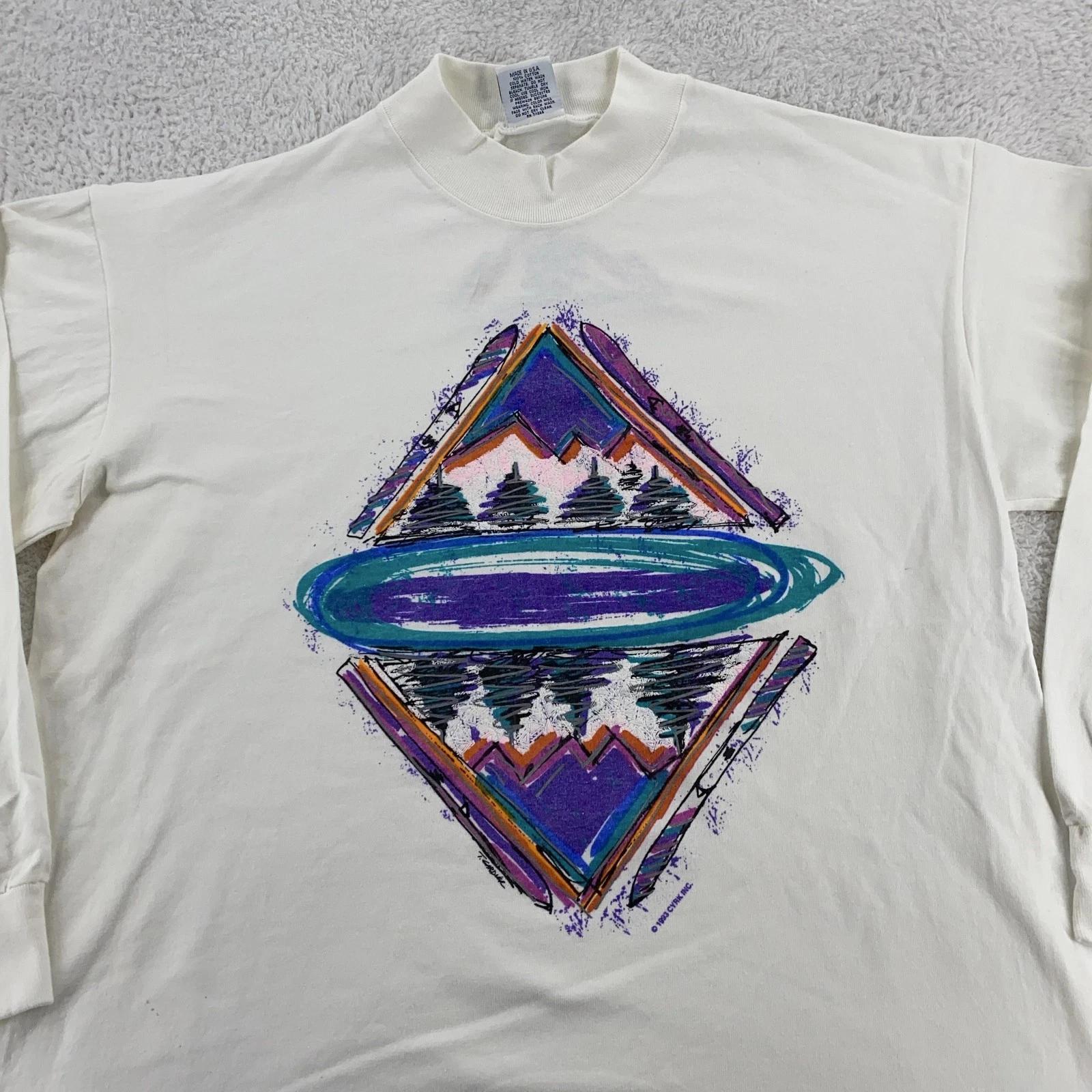 

Vintage 90s Ski Mountain L/S Mock Neck Shirt Mens XL Snowboard Surf Art Tee XL