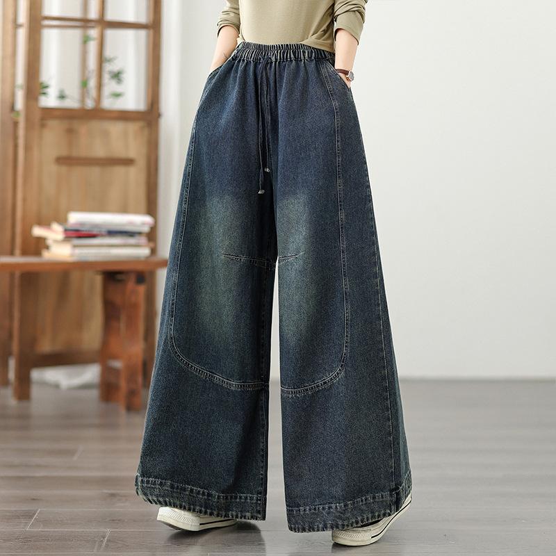Early Spring Autumn Style Literary Casual Solid Color Denim Wide-leg Pants Women's Elastic Waist Plus Size Loose Thin Straight-leg Pants
