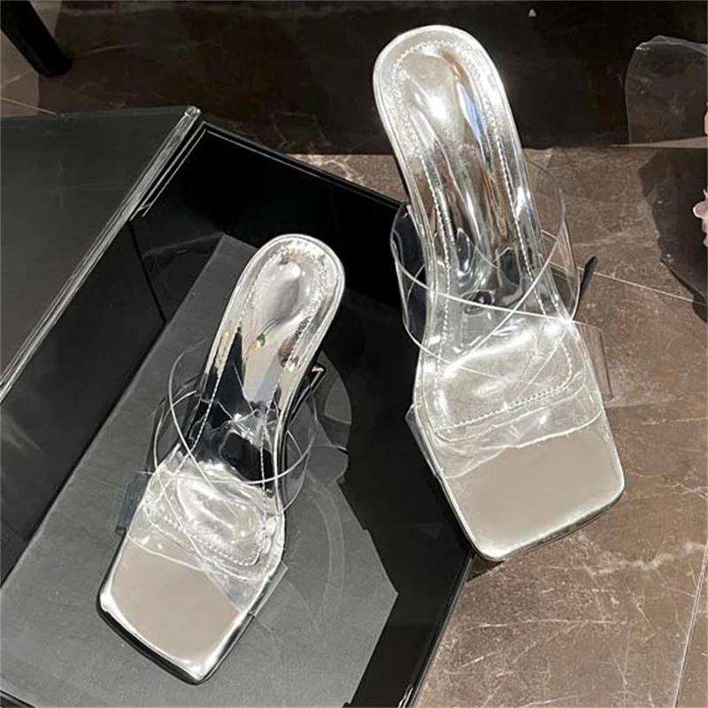 Eilyken PVC Transparent Women Sandals Design Style Fretwork High Heels Square Toe Shoes Summer Gold Silver Banquet Pumps