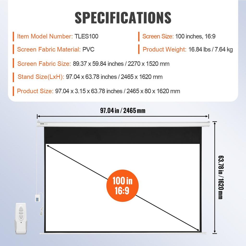 Motorized Projector Screen, 100 inch 16:9 4K 1080 HD Electric Projector Screen, Automatic Projection Screen with Remote Control, Wall Mount Movie