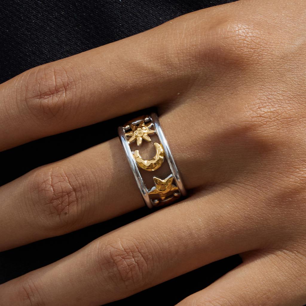 Yori Statement Stainless Steel Star Moon Hollow Double-Layer Open Ring 18K PVD Plated High Quality Charm Stylish Golden Jewelry