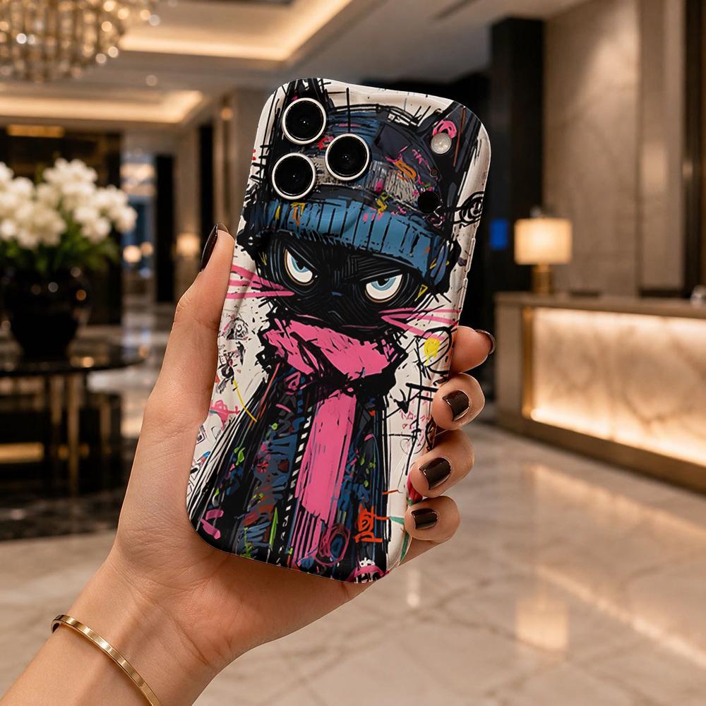 Street Graffiti Cool Black Cat Wavy Edge Phone Case For iPhone 16 15 14 Pro Max 13 12 11 Mini XR XS SE 2020 7 8 Plus Air Cover