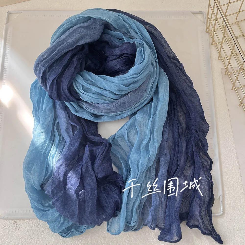New Scarf Cotton Hemp Hand Feel Gradient Blue Autumn Winter Retro Versatile Printed Women's Long Fold Shawl Soft Fashionable