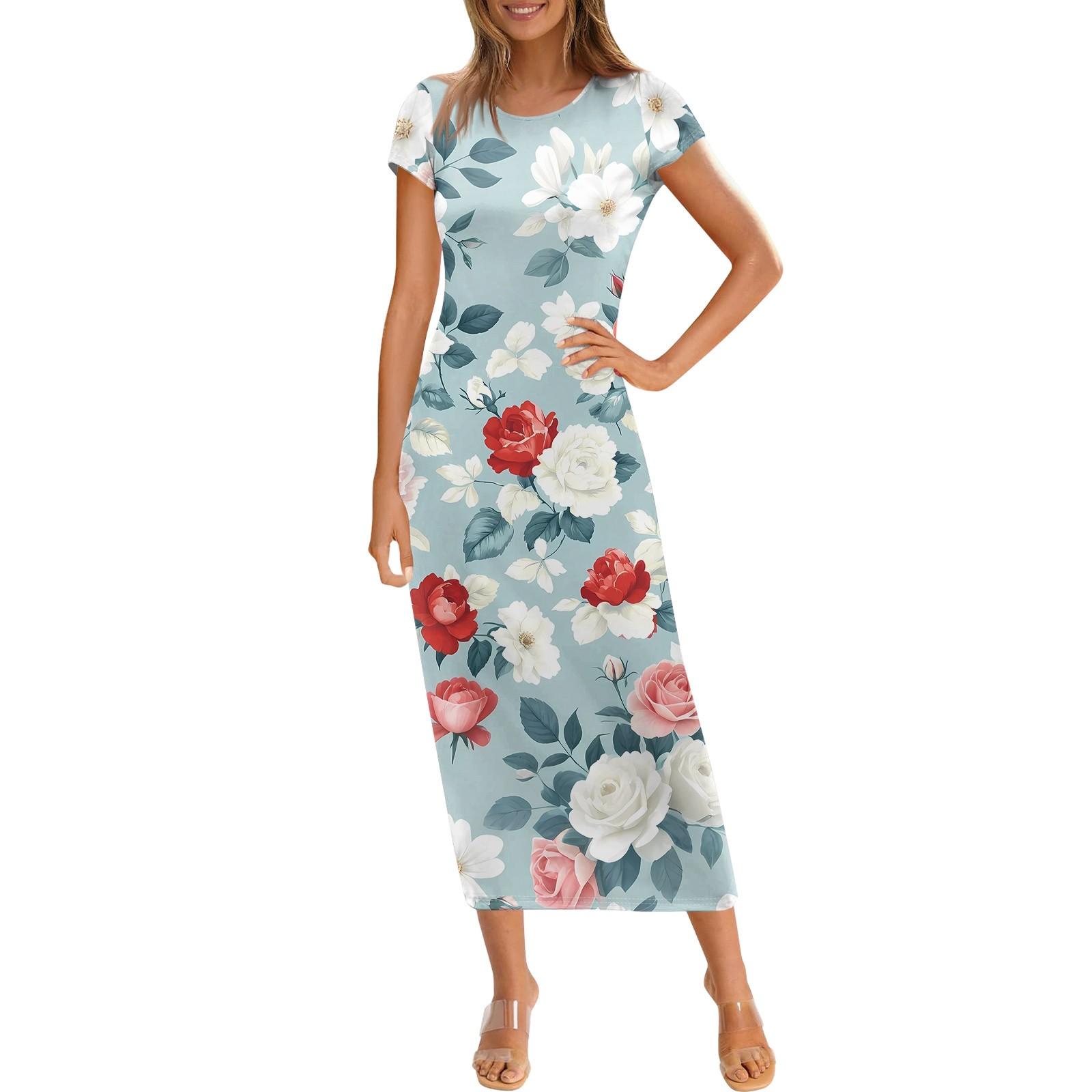 

Women s Fashion Casual Print Round Neck Short Sleeve Long Dress XL червоний