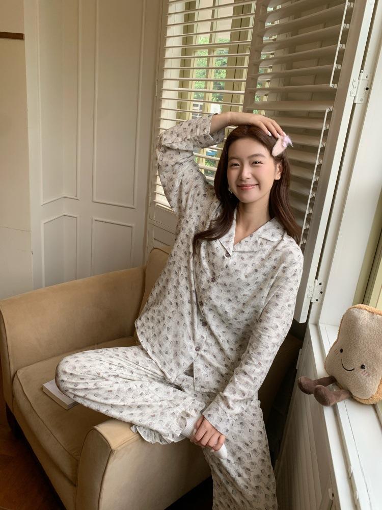 11 ins breathable home pajamas small lapel women's simple cotton double-layer yarn pajamas loungewear