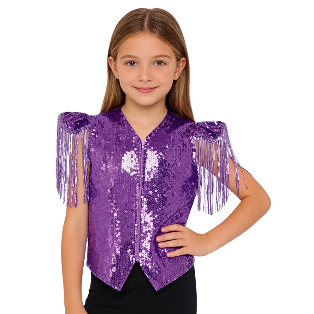 Boys Sequined Patchwork Vest Tassels Cap Sleeves V Neckline Stage Performance Waistcoat