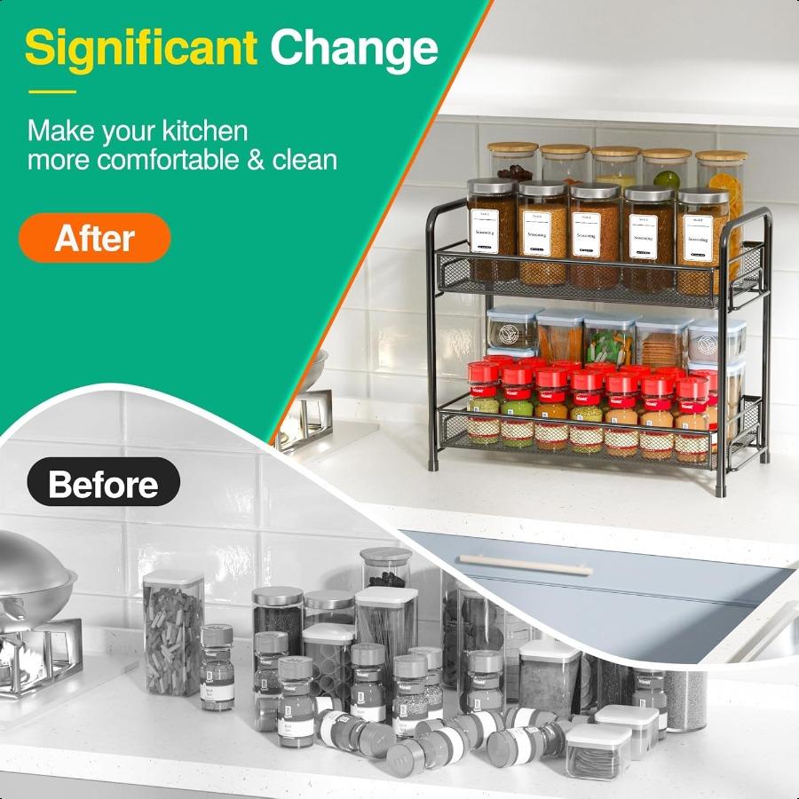 Spice Rack Organizer for CountertopXpatee 2Tier Foldable Metal RustProof Standing Large Seasoning Storage Shelf with Guardrail