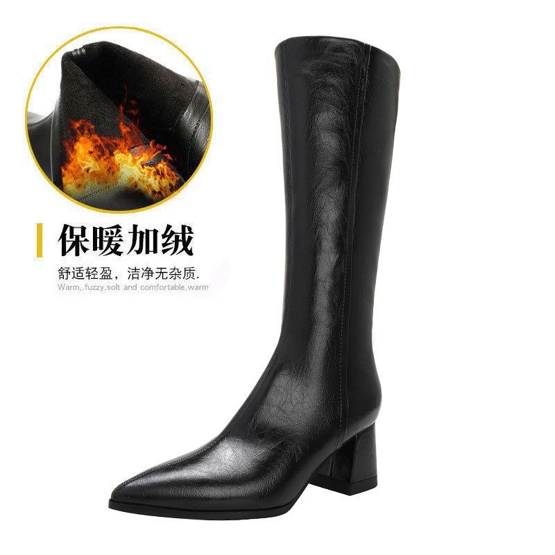 High Heels But Knee Boots Women's New Autumn and Winter 2025 Pointed High Boots Large Size Thick Heel Thin Boots