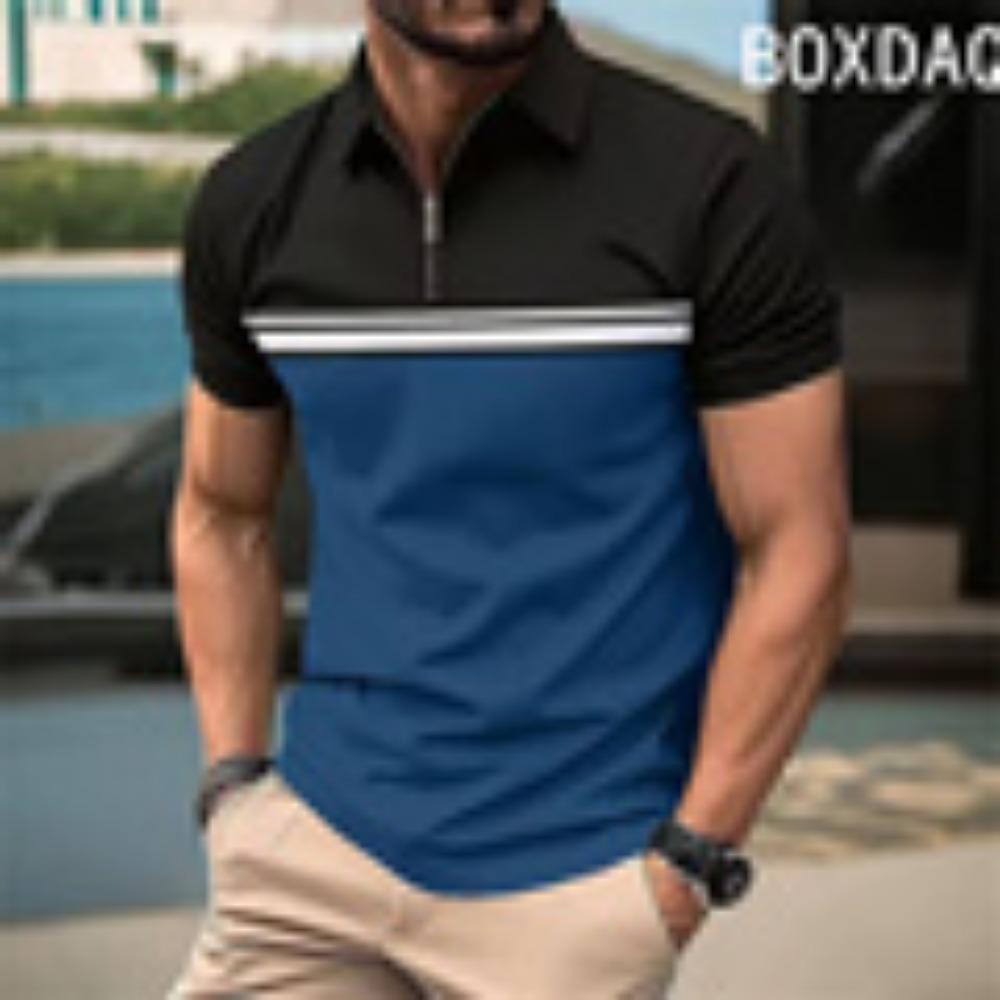Men's Short Sleeved Shirt, Fashionable Geometric Pattern Patchwork Shirt, Men's Summer Sports Polo