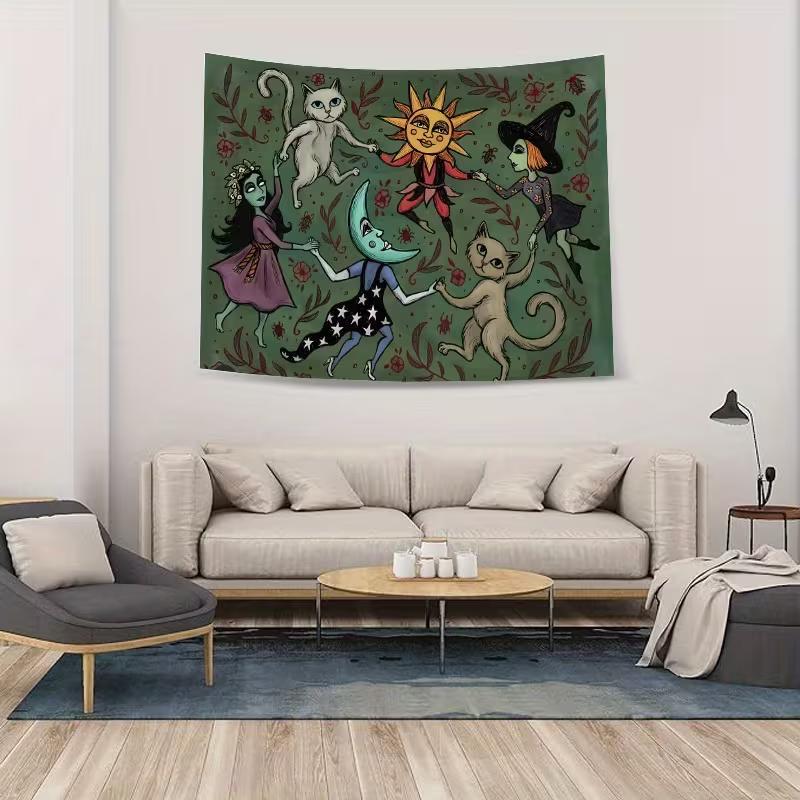 

2D Mystical Witch Tapestry, Folk Art Sun Moon Cat Wall Hanging for Home 47.2x31.5inch/120*80cm