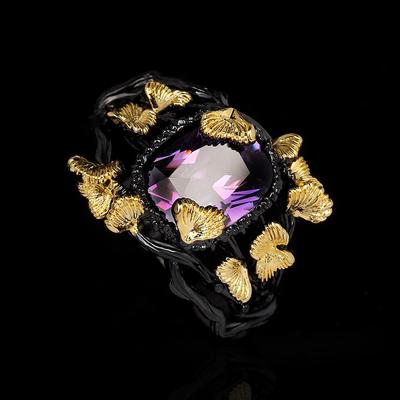 Exquisite Ring for Women Black Gold Jewelry Purple Shiny Bright Zircon Ring Butterfly Flower Ring Party Jewelry Wedding Bridal Jewelry