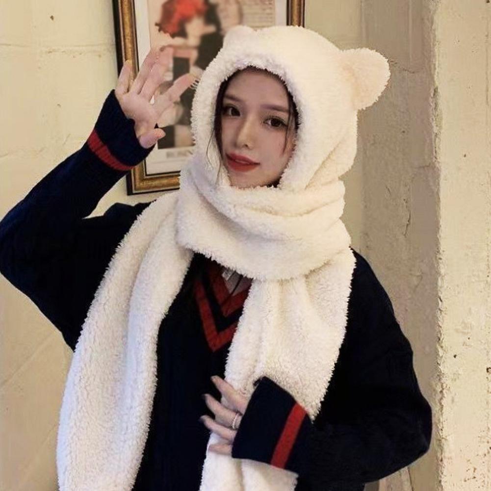 Winter Hat Scarf Gloves Set Bear Ear Protection Warm Windproof Plush Hooded Scarf Mitten Three Piece Set Cute Cartoon Accessory