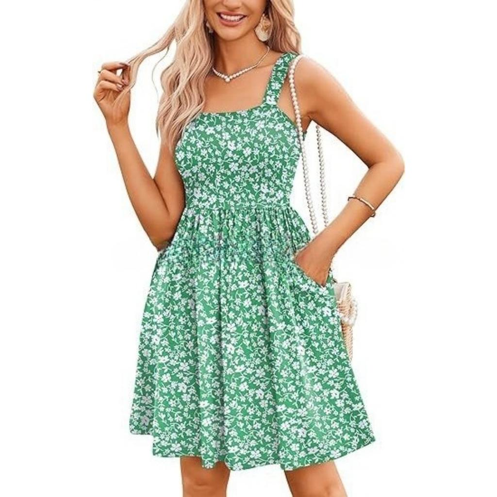 Women's Square Neck Sleeveless Floral Printed A Line Dress Mid Waist Sweet Style Summer Casual Sundress