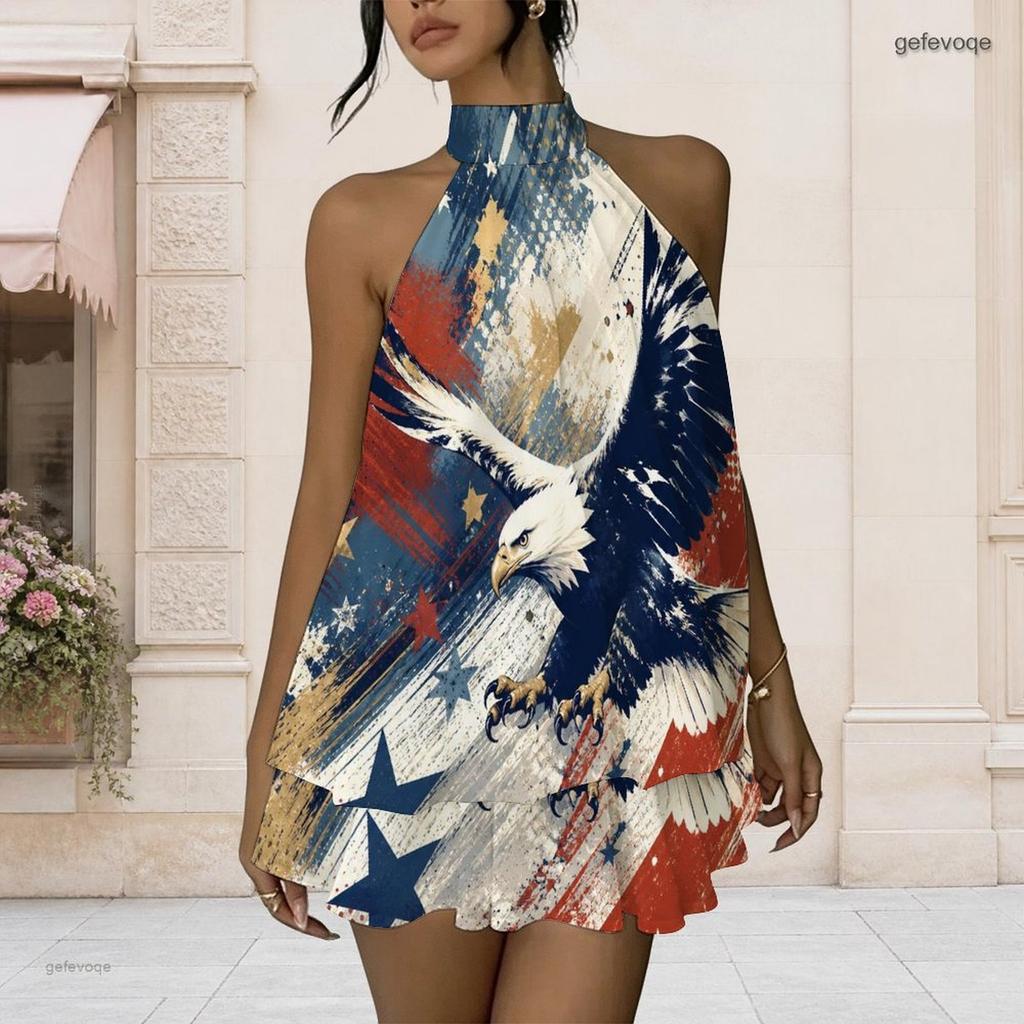 Women Plus Size Halter Backless Fake Two Piece Dress Cosmic Planet Star Patriotic Print Mini Dress