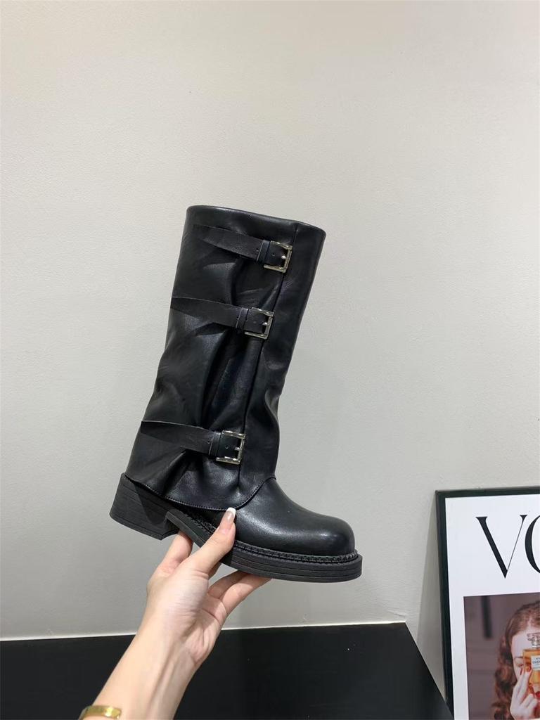 Thick-soled brown Maillard long knight boots women's boots 2025 new autumn and winter black locomotive medium boots