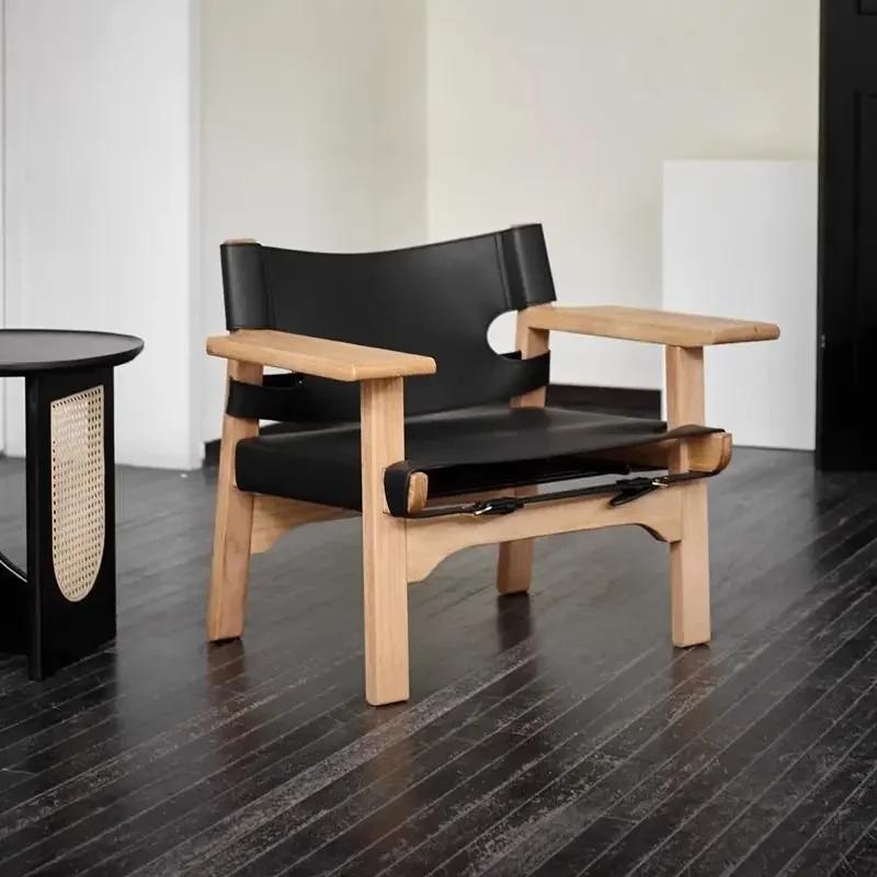 W2557 Spanish hunting chair, living room, single sofa chair, balcony, leisure chair, saddle leather, solid wood sofa chair desig