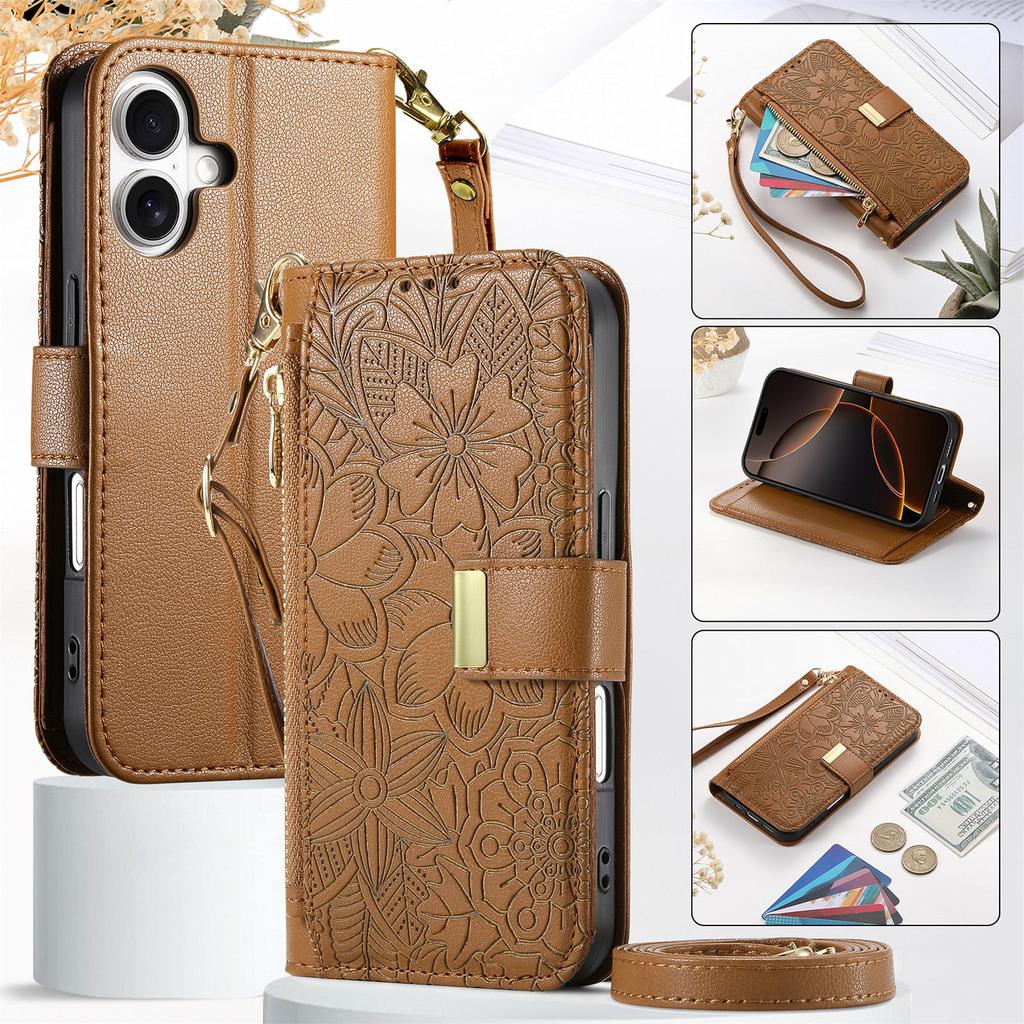 Crossbody Zipper Cards Solt Wallet Leather Embossed Flower Case For iPhone 16 Pro Max 15 Plus 14 13 12 Long Lanyard Book Cover