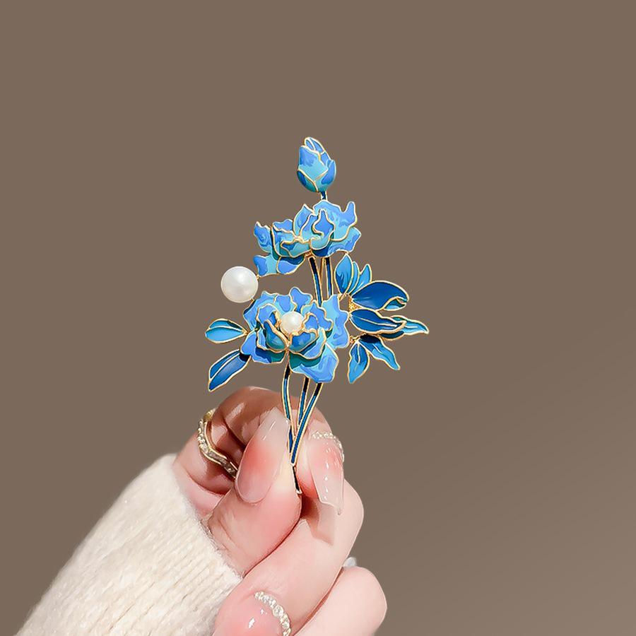

Элегантная эмалевая брошь «Пион» - Женский аксессуар высокого класса для ципао и ханьфу синий