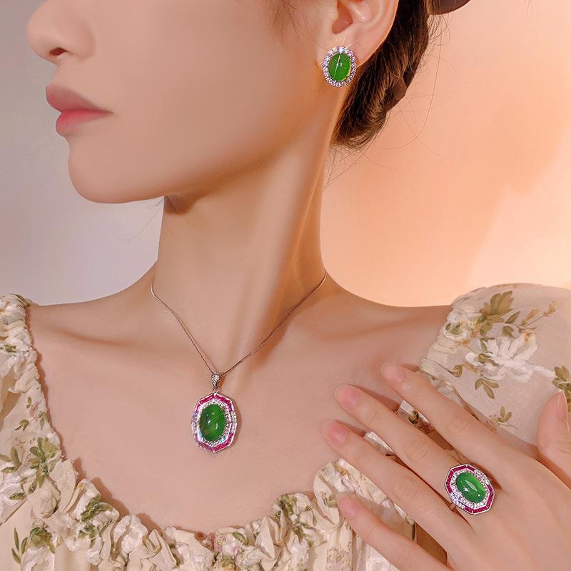 Jewelry Simulation Chalcedony Retro Light Luxury Set Main Stone 13 * 18-10 * 14