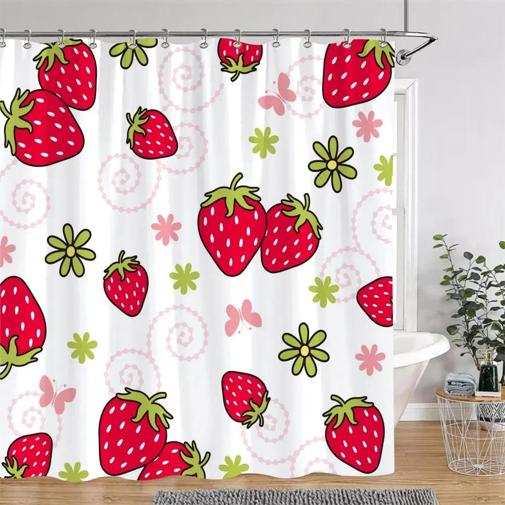 Kirsche Erdbeere Zitrone Pfirsich Fruchtdruck Duschvorhang Polyestergewebe Kinder Badezimmervorhänge Badezimmerdeko mit Haken