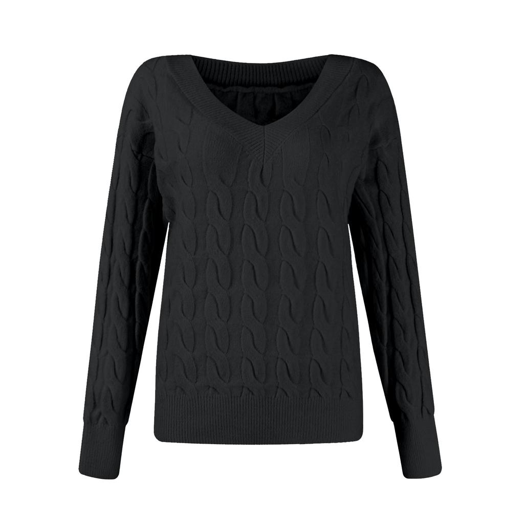 Women's Fashion Solid Colour Long Sleeve Twisted Flower V-Neck Knitwear Pullover Top Sweater